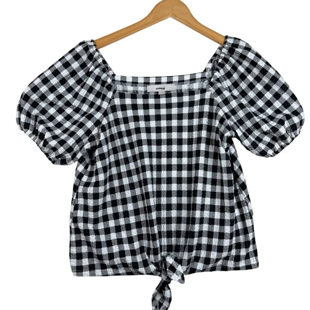 Loft Gingham Textured Square Neck Puff Sleeve Blouse size Small Black/White